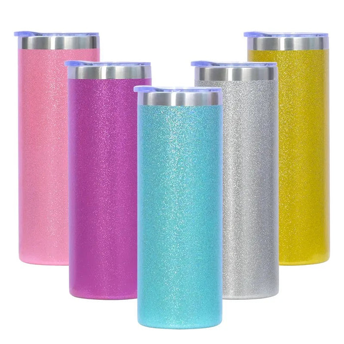 GLITTER Straight Skinny Tumbler with Straw and lid, Sublimation Blank, 20oz, Double Walled, Stainless Steel