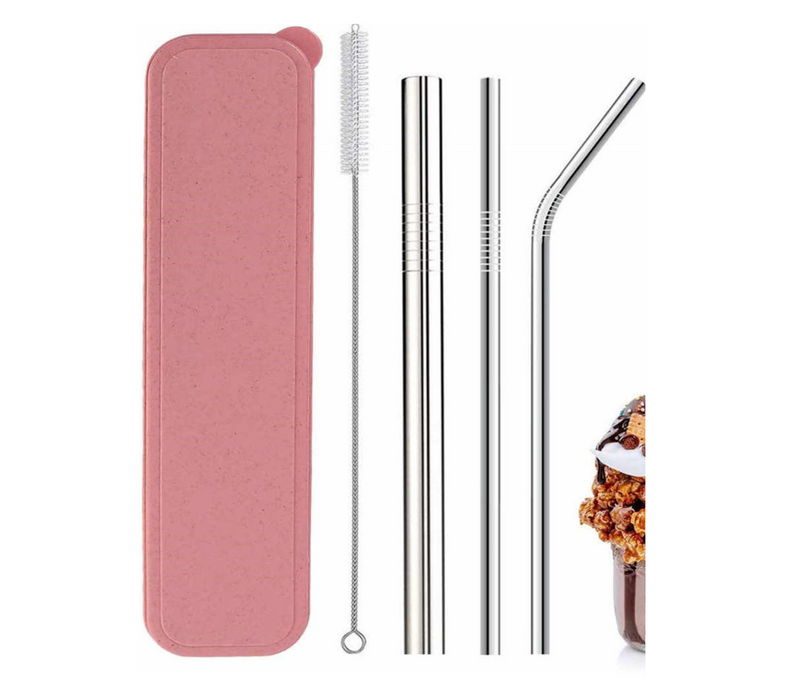 Reusable Stainless Steel Metal Straws with Cleaning Brush and Carry Case (2 Straight|1 Bent|1 Brush)