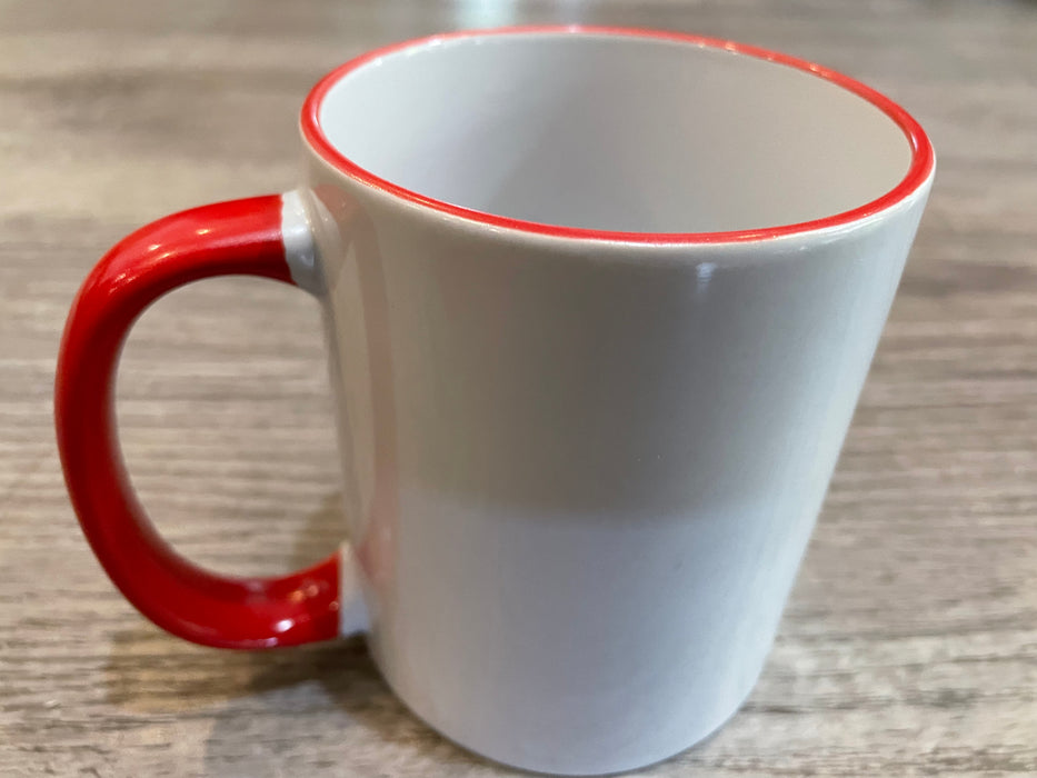 White Ceramic Sublimation Coffee Mug with Colored Rim/Handle - RED - 11oz.