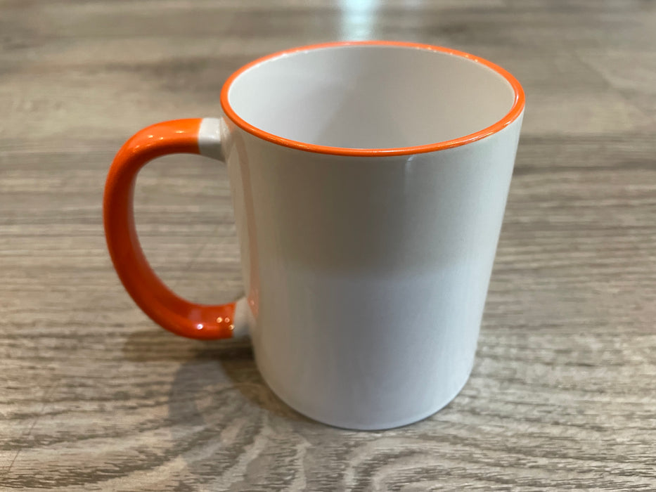White Ceramic Sublimation Coffee Mug with Colored Rim/Handle - ORANGE - 11oz.
